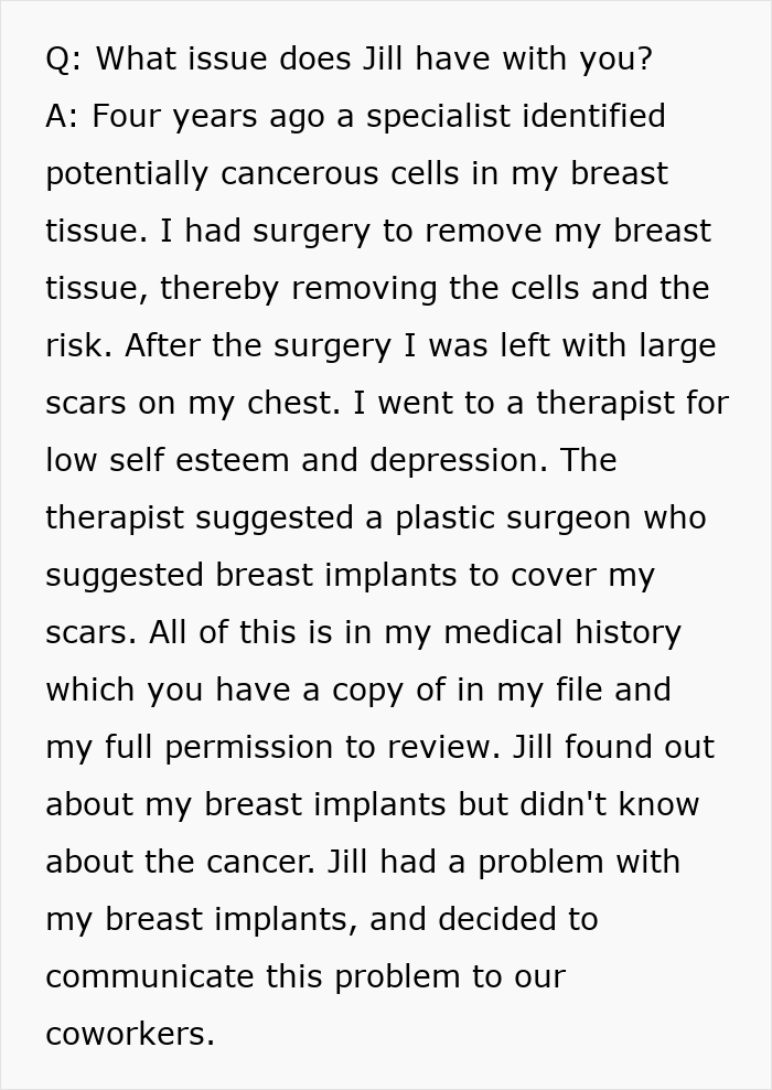 Text excerpt discussing cancer surgery and breast implants after breast tissue removal for cancer risk.