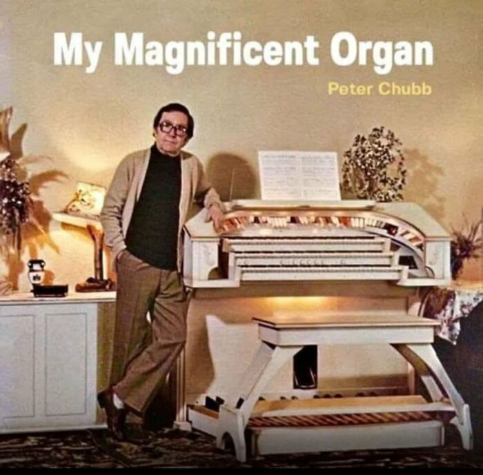 Man posing with an organ on a vintage album cover, one of the hilariously bad album covers actually sold.