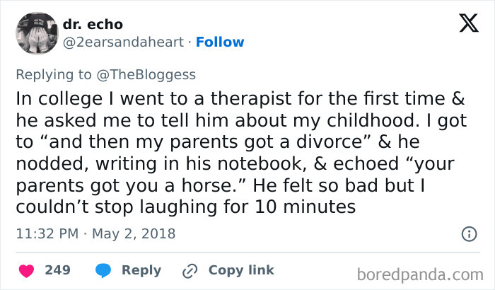 Tweet about a college therapist session where an embarrassing childhood story later became funny after a misunderstanding.