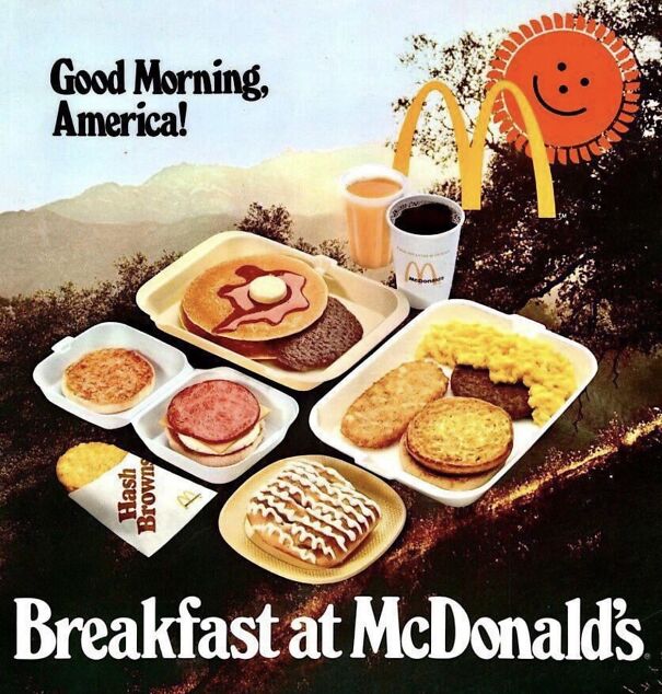 Vintage McDonald's breakfast ad with pancakes, hash browns, coffee, and eggs illustrating changing values in vintage ads.