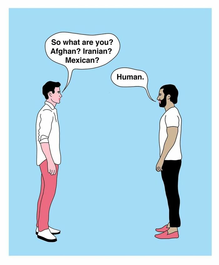 Studio Stoutpoep illustration: two men face each other on blue background, one asks nationality and the other replies Human
