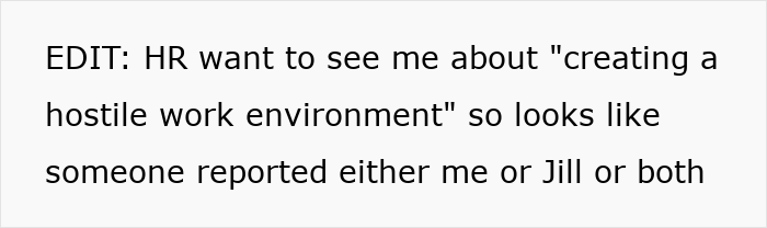 Text image showing an HR message about creating a hostile work environment after a coworker comment on cancer surgery story.