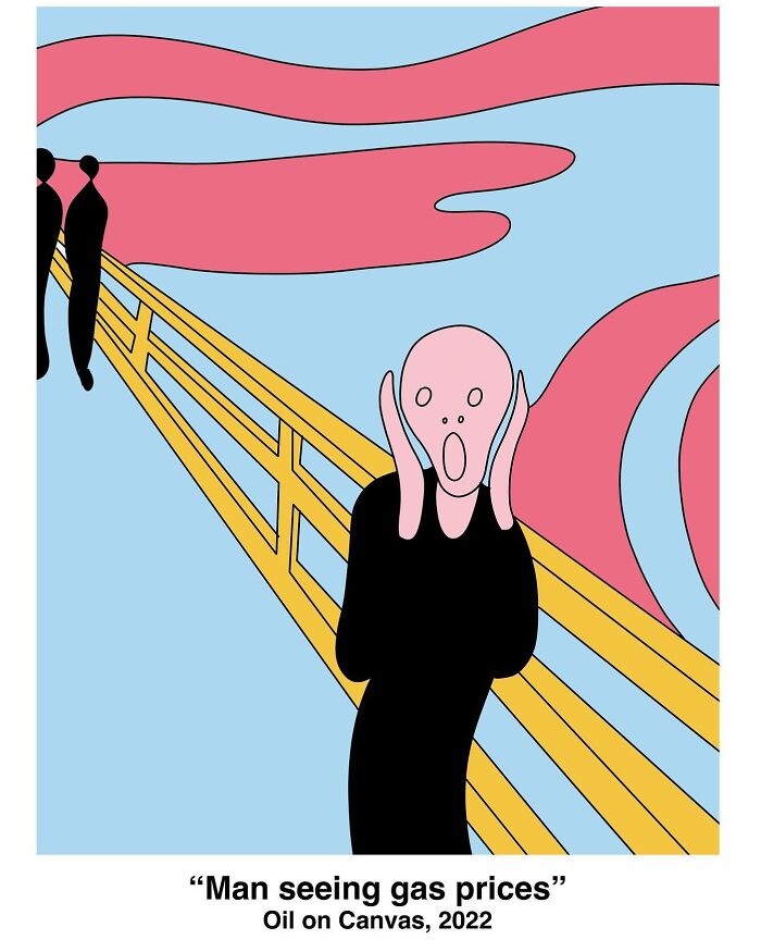 Studio Stoutpoep illustrations pop art Scream-like figure on bridge clutching face, reacting to gas prices in pastel colors