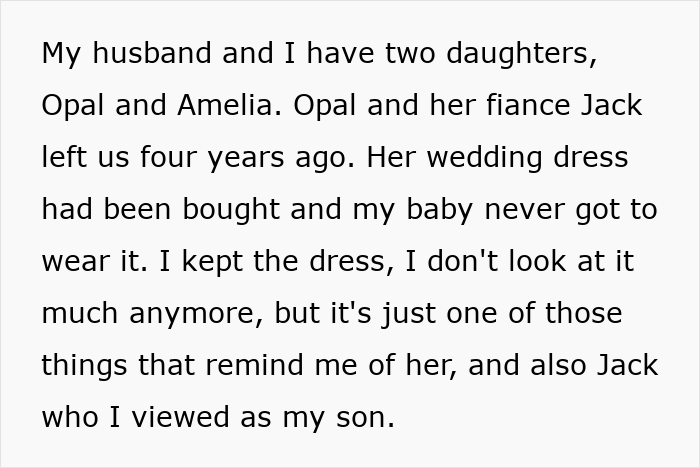 Text about mom clinging to daughter’s wedding dress after losing her, causing conflict with older daughter. Text about mom clinging to daughter’s wedding dress after losing her, causing conflict with older daughter.