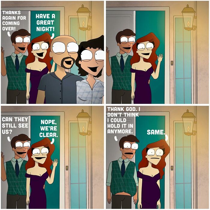 Bold and unfiltered comics from The RedDot showing animated characters in a humorous social interaction at a doorway.