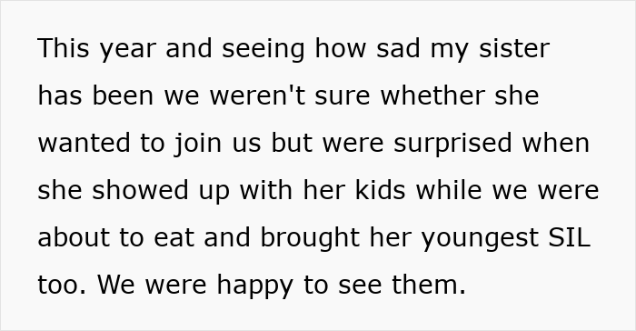 Text excerpt about a family Thanksgiving gathering mentioning the late brother-in-law and interactions with kids.