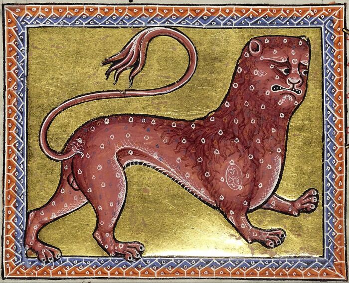 Medieval painting of a bizarre red spotted animal with a curled tail, showcasing hilariously bad old paintings with unique charm.