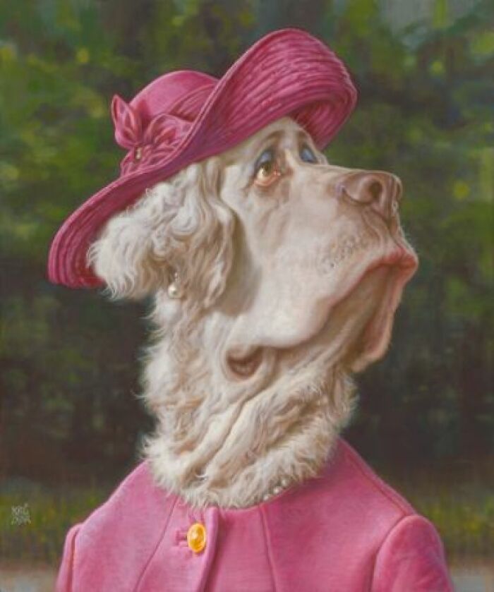Caricature painting of pop culture icons into dogs: dog in pink hat and coat looking up