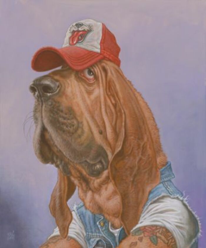 Pop culture icons into dogs: basset hound caricature wearing red trucker hat and denim vest in painted portrait