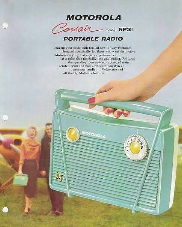 Vintage ad featuring a Motorola portable radio, highlighting classic design and values in vintage ads over time.