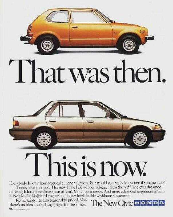 Vintage ads comparing old and new car models, highlighting changing values and advancements over time in design and features.