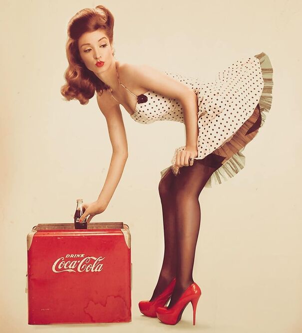 Vintage ads featuring a woman in retro attire with a Coca-Cola bottle, illustrating changing and enduring cultural values.
