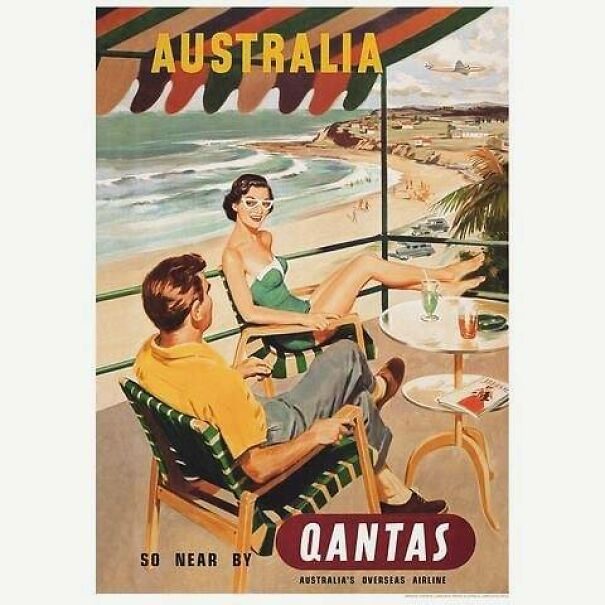 Vintage ad showing a couple relaxing on a balcony overlooking the beach, reflecting changing values in travel and leisure.