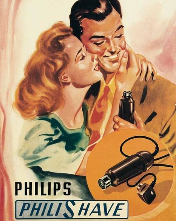 Vintage ad showing a happy couple embracing, promoting Philips electric shaver reflecting changing values in vintage ads.