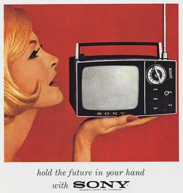 Vintage ad showing a woman holding a small Sony television, illustrating changing values in vintage ads over time.