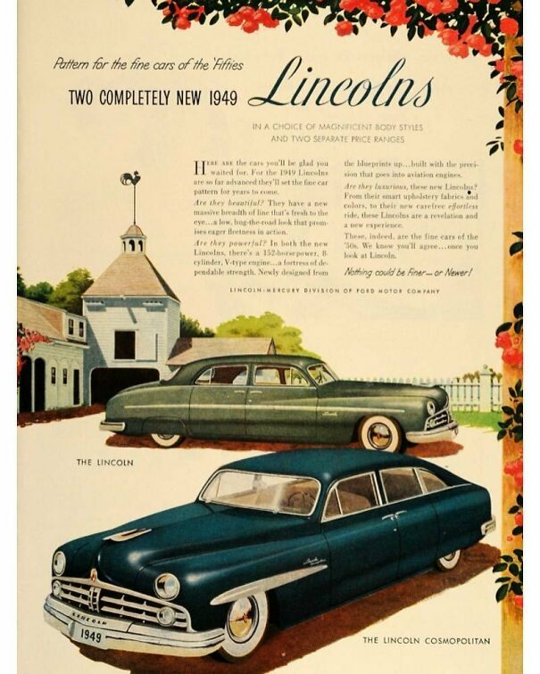 Vintage ads featuring 1949 Lincoln cars illustrating changing and enduring values in classic automotive design.