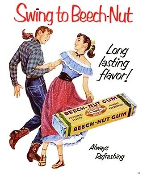 Vintage ad showing a dancing couple promoting Beech-Nut gum with long lasting flavor and refreshing values over time.