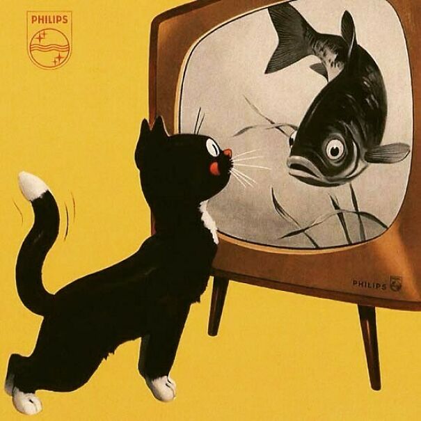 Vintage ad showing a black cat watching a fish on a retro Philips television, illustrating changing values over time.