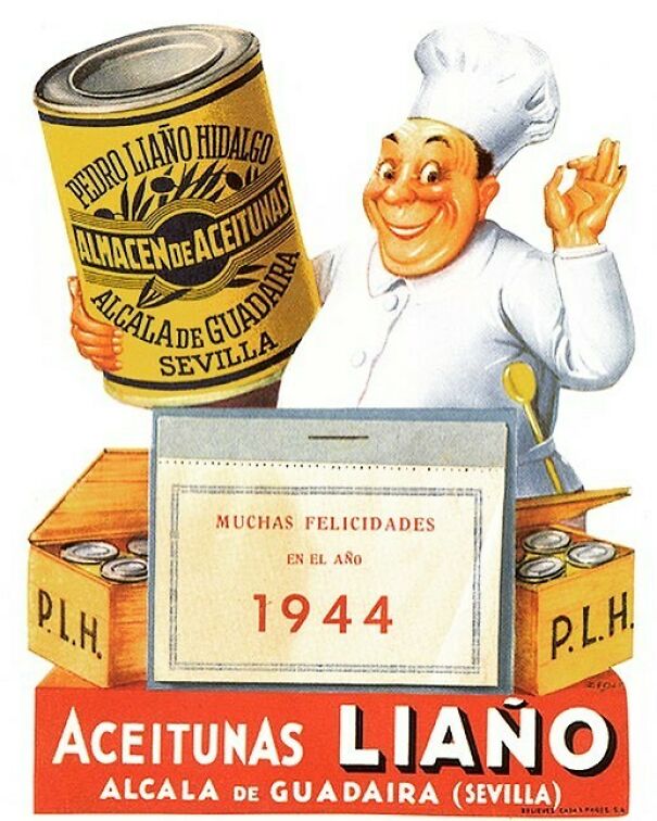 Vintage ad showing a cheerful chef holding a large olive can, illustrating changing and lasting values in vintage ads.