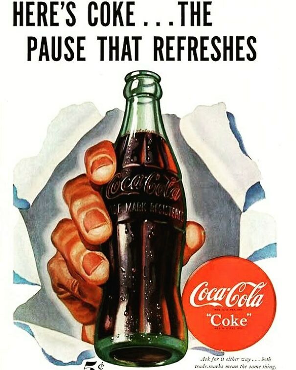 Vintage ad showing a hand holding a classic Coca-Cola bottle, highlighting changing and enduring values over time.