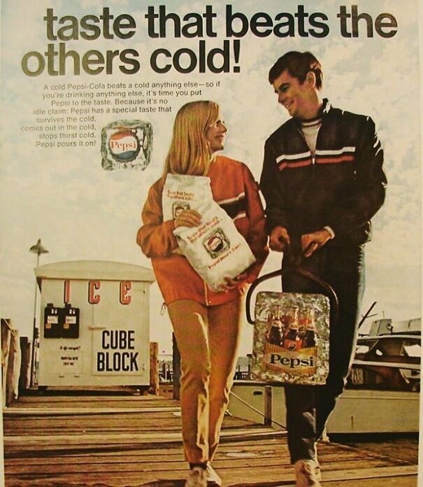 Vintage Pepsi ad showing a smiling couple on a dock with ice and soda, illustrating changing and lasting values in vintage ads.