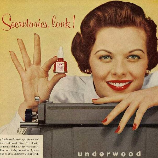 Vintage ad showing a smiling woman secretary holding a nail polish bottle, highlighting changing values in vintage ads over time.