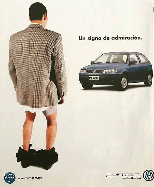 Vintage ad showing a man with pants down admiring a Volkswagen Pointer car, highlighting changing values in vintage ads.