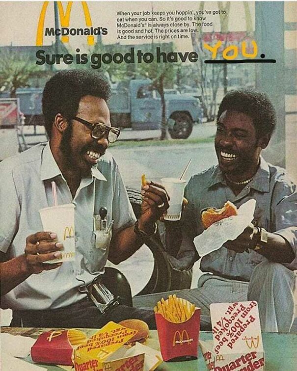Two men enjoying McDonald's meal in a vintage ad reflecting changing values over time in vintage ads.