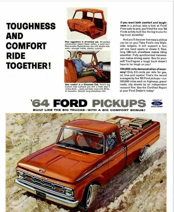 Vintage ad featuring a 1964 Ford Pickup highlighting toughness and comfort in classic vehicle values over time.