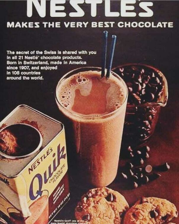 Vintage Nestle ad showing chocolate powder, milkshake, coffee beans, and cookies reflecting changing values in vintage ads.