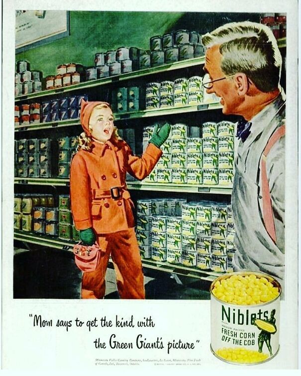 Vintage ad showing a young girl and man in a grocery store promoting Niblets corn, reflecting changing values over time.