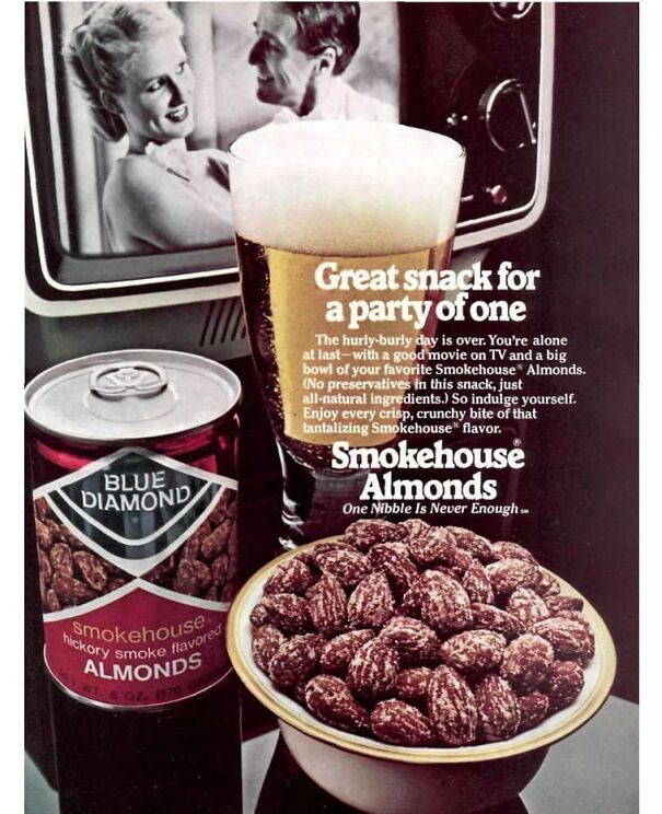 Vintage ad showing Smokehouse almonds with a beer glass and black-and-white TV in the background, highlighting changing values.