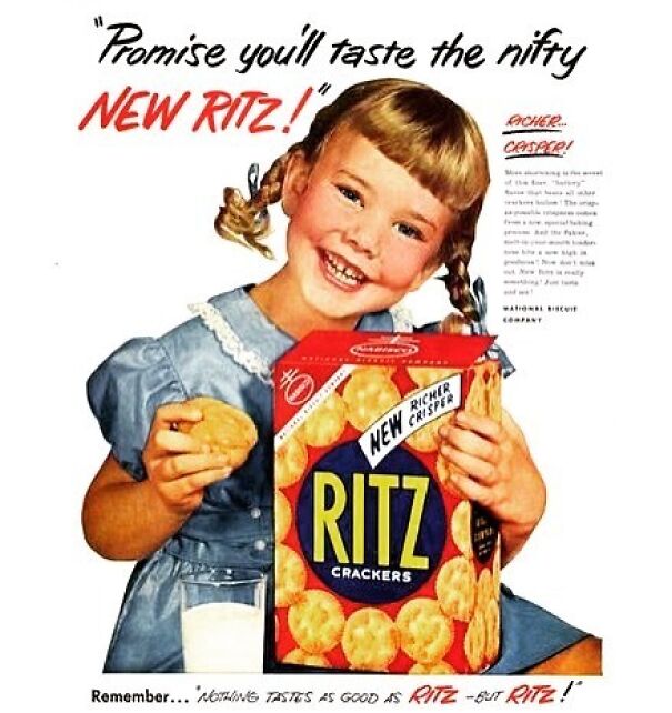 Vintage ad featuring a smiling girl holding a box of Ritz crackers, highlighting changing and enduring values in vintage ads.