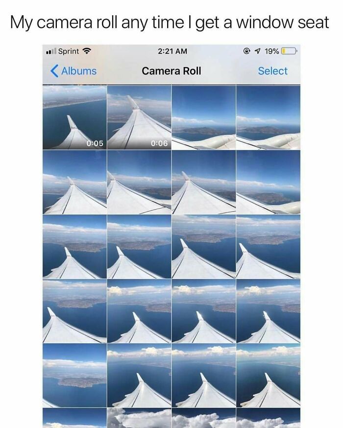 Phone camera roll filled with numerous photos of airplane wing views through a window seat during travel, travel memes humor.