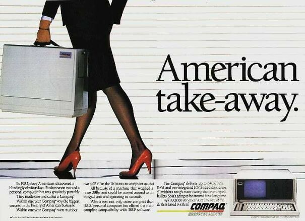 Vintage ads highlighting changing values in American culture, featuring a businesswoman with a portable computer and briefcase.
