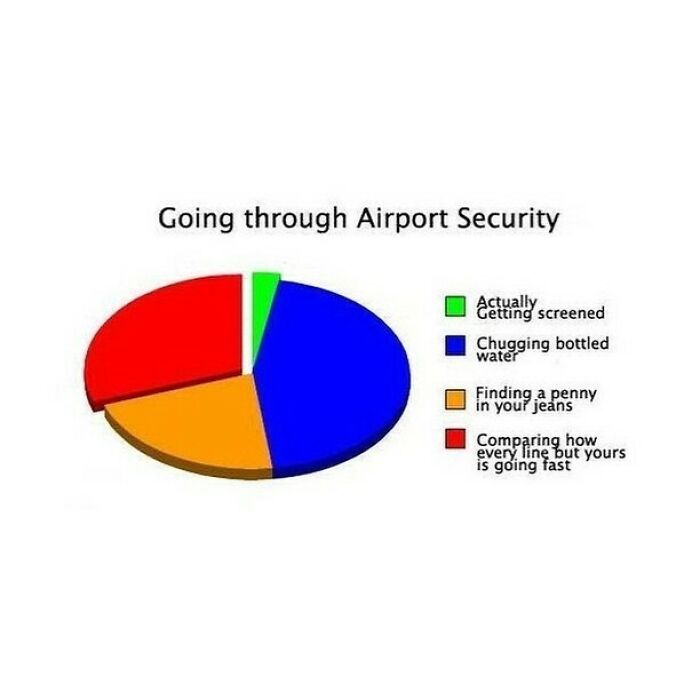 Pie chart illustrating airport security experiences with travel memes about waiting, screening, and bottled water during travel.