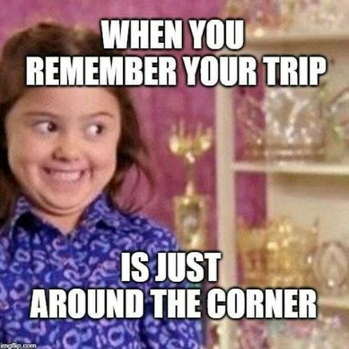 Girl smiling mischievously with meme text about travel, highlighting hilarious travel memes and trip anticipation.