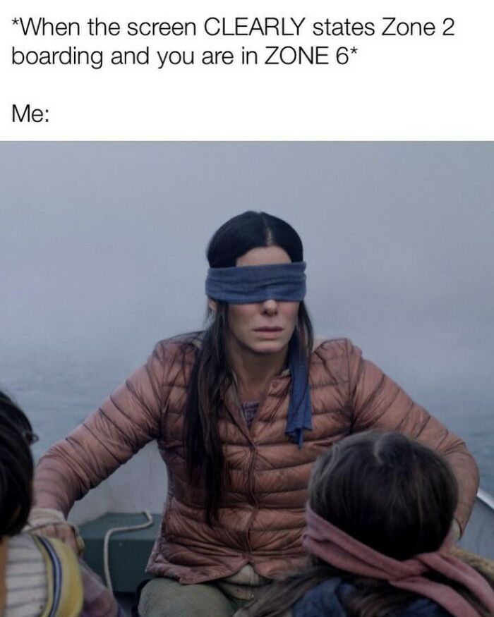 Woman blindfolded in a boat humorously representing travel confusion in travel memes about expensive travel zones.