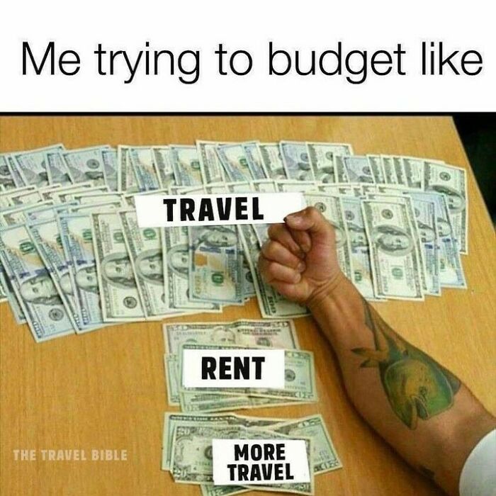 Arm with a shark tattoo holding money labeled travel, with piles for rent and more travel showing travel budgeting struggle.