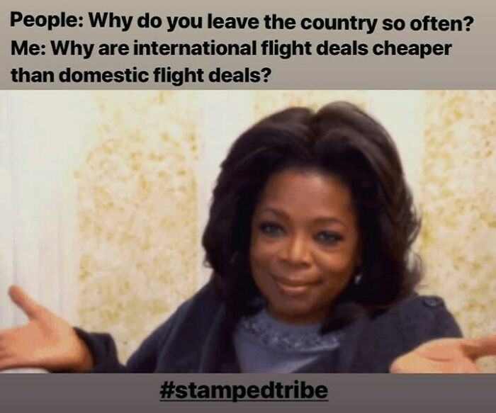 Woman smiling and shrugging in travel meme about international flight deals being cheaper than domestic flights.