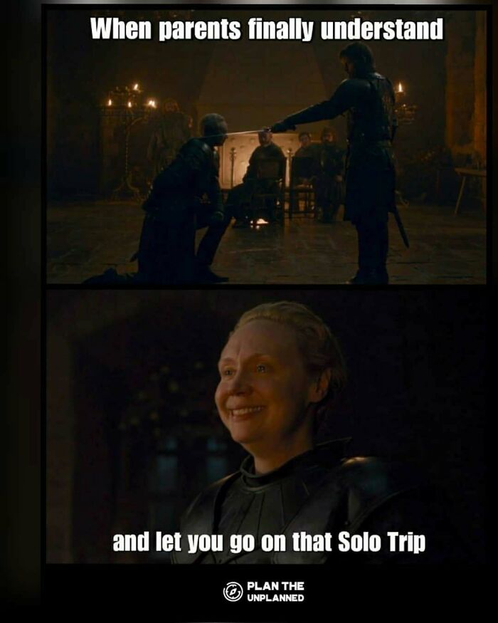 Scene from a medieval drama showing joy after parents understand and approve a solo trip travel meme.