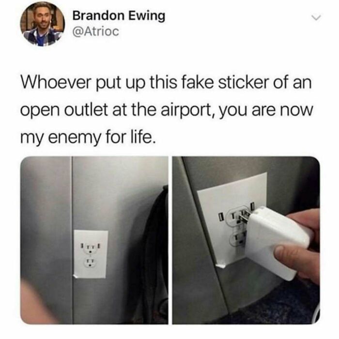Travel meme showing a fake airport outlet sticker frustrating travelers trying to charge devices during travel.