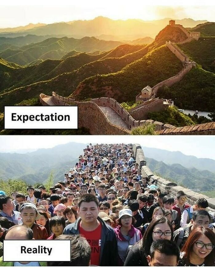 Great Wall of China expectation showing empty scenic view versus reality with crowded tourists, highlighting travel memes about expensive travel challenges.