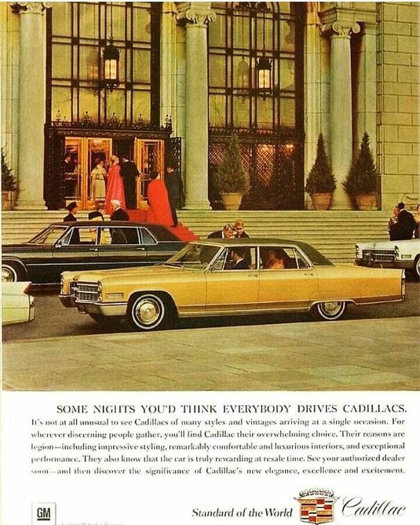 Vintage ads showcasing Cadillac luxury cars highlight changing and enduring values in style and comfort over time.