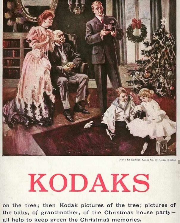 Vintage ad showing a family gathered around a Christmas tree capturing memories with Kodak, reflecting changing values over time.