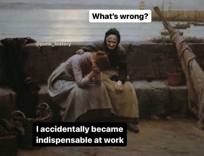 Two women in classical art meme with text about becoming indispensable at work, highlighting hilarious classical art memes.