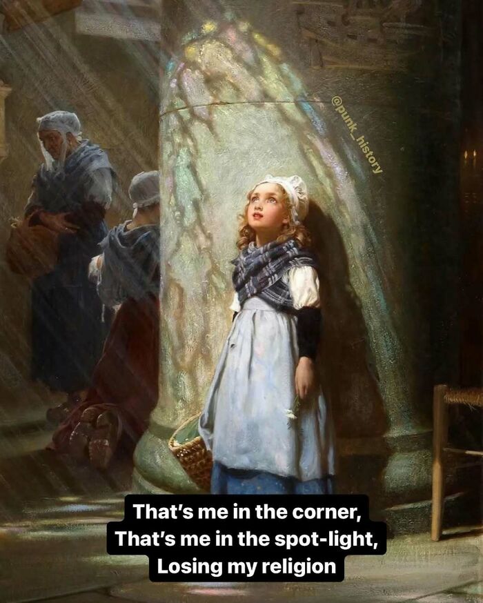Young girl in classical art meme standing in spotlight with caption about losing religion, reflecting 21st century humor in art memes.