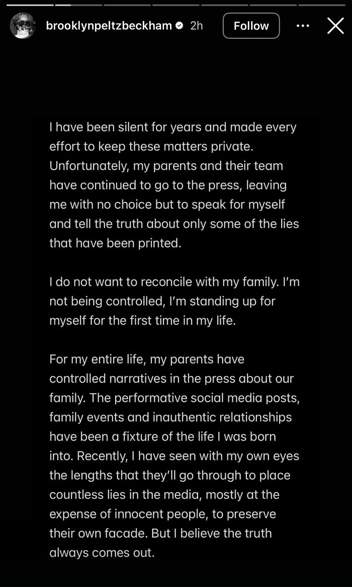 Brooklyn Beckham breaking silence on family feud in a detailed Instagram online statement about lies and media control.