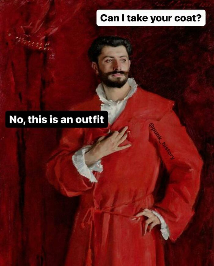 Man in classical art style red outfit with meme text about coat, showcasing hilarious classical art memes with accurate 21st century humor.