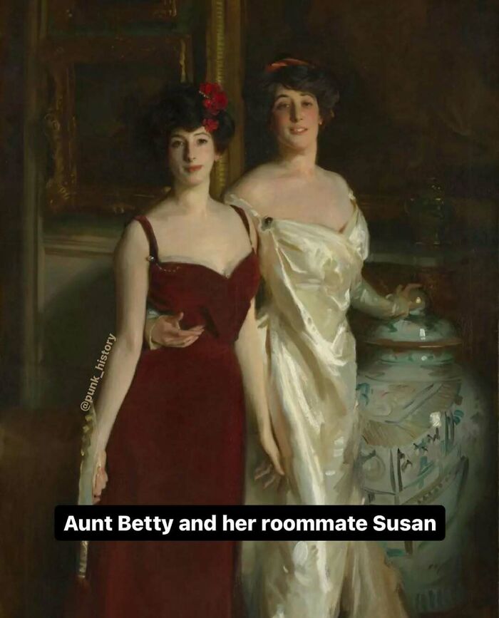 Classic painting of two women humorously captioned as Aunt Betty and her roommate Susan in classical art memes.